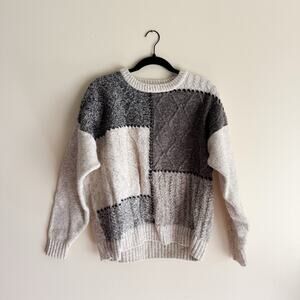 Vintage Old Glory Grey + Cream Colorblock Cable Knit Wool Blend Sweater - XL